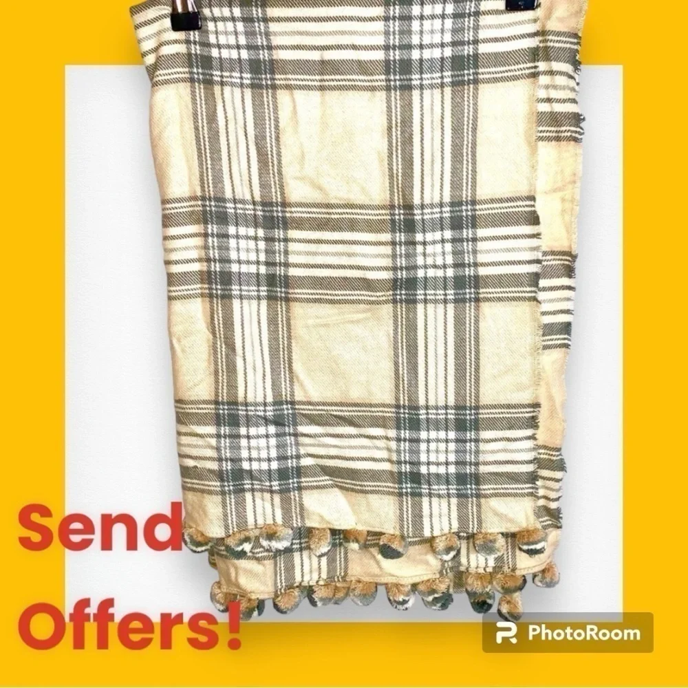 J Crew Plaid Pom Pom Scarf Cream Tan Wool Acrylic